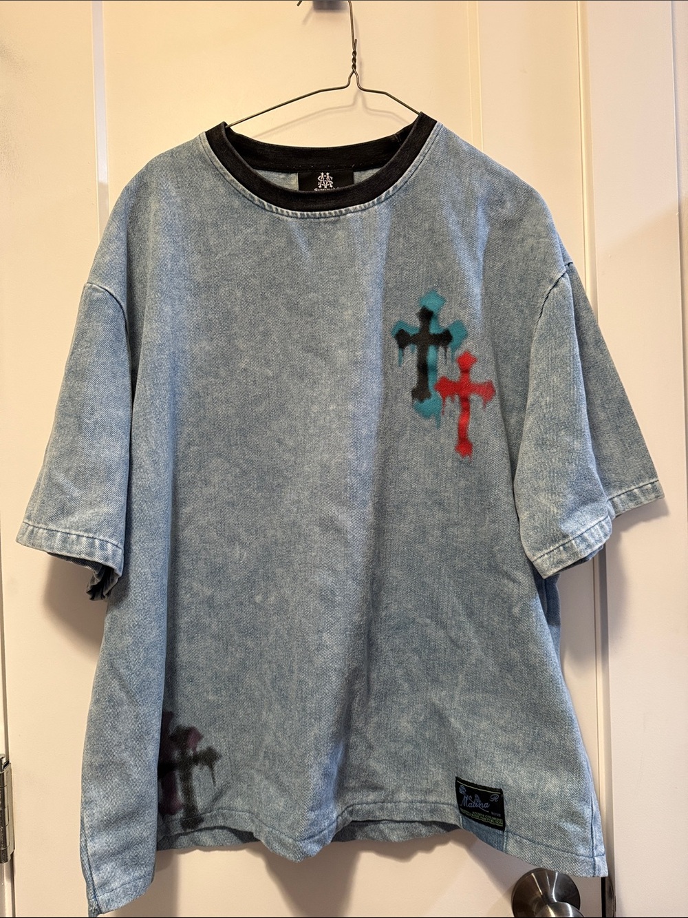 Supermade Women's Washed Blue Denim like Graphic Shirt with Cross Motif size L